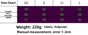 Size chart showing bust and length for asymmetric top and wide-leg trousers