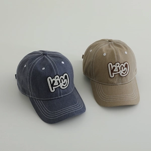 Vintage washed denim baseball caps for boys with KING embroidery and contrast stitching