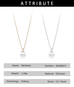 Detailed technical specifications for 925 sterling silver pearl necklace with CZ stone