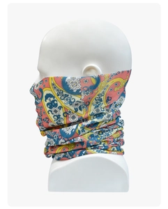Detail of pink and blue paisley magic bandana on a mannequin for outdoor sports
