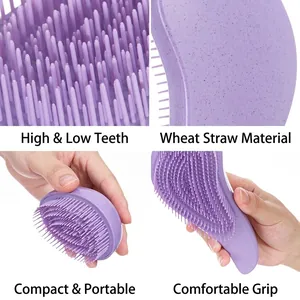 Purple detangling hairbrush made of wheat straw with multi-level bristles and ergonomic grip