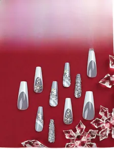 Détail de faux ongles de Noël avec flocons d'argent et décors en strass brillants