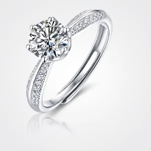Moissanite Ring For Women 925 Sterling Silver Adjustable Band Round Brilliant Cut Six-Prong Crown Setting Inlaid Jewelry