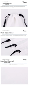 Detail of 10oz cotton drawstring bag featuring black ribbed ribbon and durable fabric