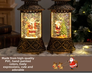 Close-up of hand-painted Santa Claus and Christmas tree inside vintage water lanterns