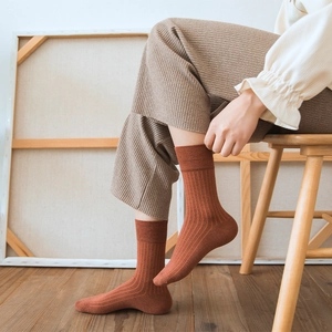 Japanese style solid caramel cotton knit crew socks with vertical stripe texture for women