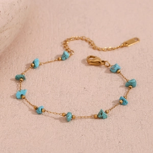 Detailed shot of 18K gold plated chain with irregular turquoise stones and lobster clasp