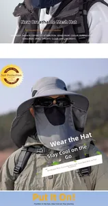 Detail of grey outdoor sun hat with 10cm wide brim and breathable mesh face mask