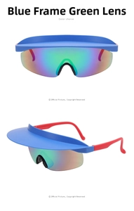 Detail of blue frame sports sunglasses with colorful green lenses and red temples