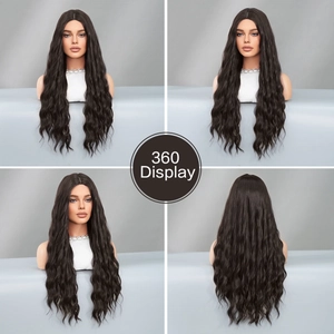 360-degree view of long wavy black synthetic wig with center part on mannequin