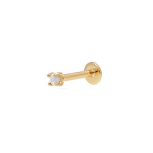 Macro view of gold S925 sterling silver flat back stud with four-prong set white gemstone