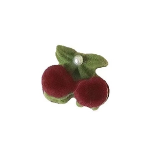 Cute red flocked cherry hair clip with green leaves and a white faux pearl accent
