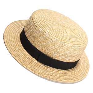 Classic wheat straw boater hat with black ribbon band for summer sun protection