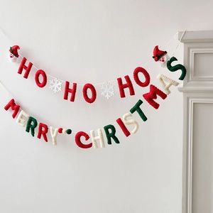 Christmas Bunting Banner Wool Felt Merry Christmas HO HO HO Santa Snowflake Reindeer Ball Garland Home Wall Fireplace Decoration