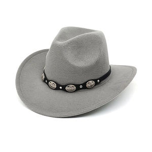 Detailed view of grey wool cowboy hat with vintage silver studs on leather band
