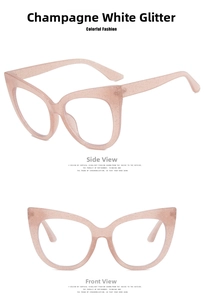 Detailed views of sparkling champagne cat eye glasses frames with clear lenses
