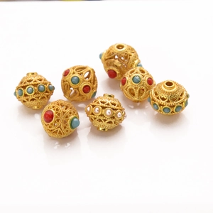 Golden filigree beads with colorful gemstones for DIY vintage jewelry making