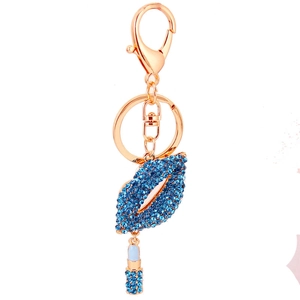 Fashionable blue rhinestone red lip keychain with gold lobster clasp and lipstick pendant