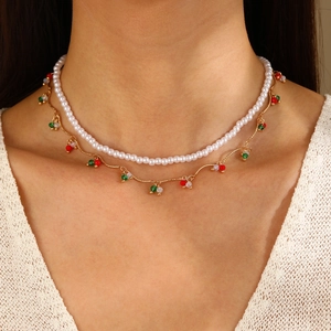 Collier Superposé Bohème Avec Fausse Künstliche Perle Alliage Pendentif Cœur Strass Mauvais Œil Goutte d'Eau Bijoux Pour Femmes