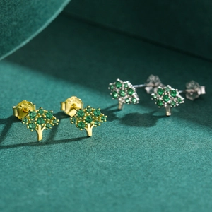 Elegant S925 silver tree stud earrings with green gemstones in gold and silver finish