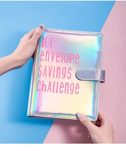 Laser holographic PU savings challenge binder cover featuring 100 envelope design