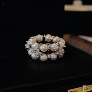 Double Layer Artificial Pearl Ring Zircon Flower Star Elastic Vintage Elegant French Style Jewelry For Women
