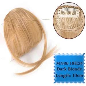 Detail view of dark blonde air bangs showing breathable mesh net and BB clip fixation