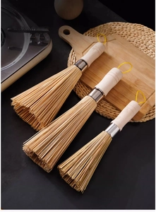 Three durable bamboo kitchen cleaning brushes with wood handles and yellow hanging loops