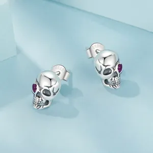 S925 sterling silver skull stud earrings with purple heart zirconia in dark punk style