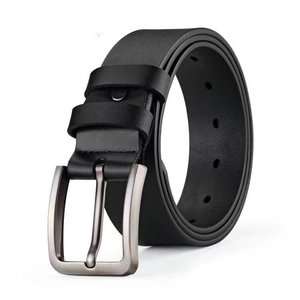Classic black leather belt for men with a polished silver-tone metal pin buckle