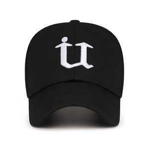 Classic black baseball cap with white letter embroidery on front for sun protection