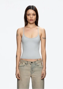 Close-up of slim-fit light grey tank top with thin straps and scoop neckline detail
