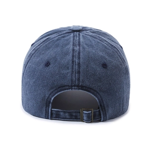 Vintage washed navy blue baseball cap with adjustable metal buckle and soft cotton texture