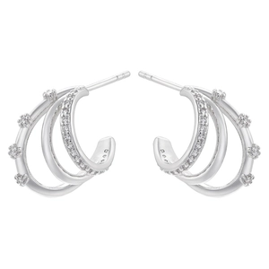 Three-layer silver hoop earrings featuring pavé micro-inlays and claw-set crystals