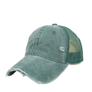 Distressed green mesh baseball cap with washed cotton fabric and vintage hole details