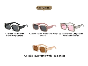 Square rhinestone sunglasses in black, pink, grey and tea colors with pearl edges