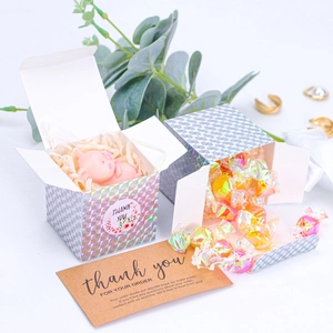 Silver laser holographic cube gift box with geometric texture and thank you sticker