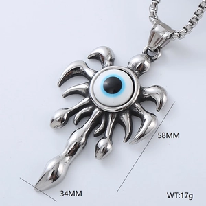 Gothic stainless steel evil eye pendant with blue eye stone and vintage punk detailing