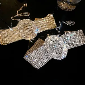 Luxurious wide choker necklaces in gold and silver finish with sparkling rhinestones