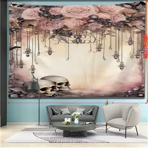 Detail view of large 300x180cm wall tapestry with gothic rose and skull floral patterns