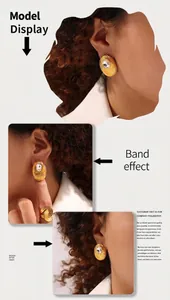 Model wearing 18K gold plated oval earrings and ring set with spiral texture and clear stone