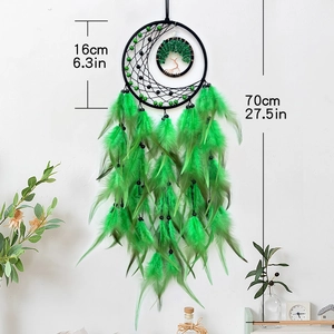 Handmade Tree of Life dream catcher with green feathers for home wall decoration