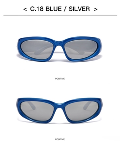 Front view of Y2K wrap sports sunglasses with blue frames and silver lenses