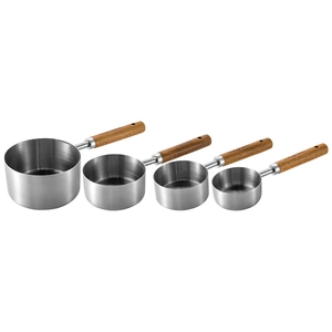 4-piece stainless steel measuring cup set with acacia wood handles on white background