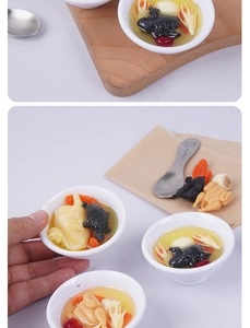 Miniature Chinese chicken soup models with realistic goji berries and herbs for dollhouses