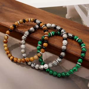 Natural Stone Beaded Bracelet Malachite Picture Jasper Map Stone With Stainless Steel Spacer For Men Vintage Elastic