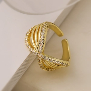 Minimalist gold-plated geometric open ring with sparkling zircon insets for women