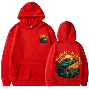 Red Alligator Alcatraz hoodie with front and back view of cartoon crocodile print