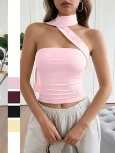 Women Asymmetrical Halter Tube Top Ruched Slim Fit Y2K Style Sexy Sleeveless Polyester Spandex Solid Color Summer Clubwear