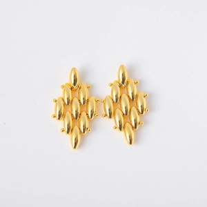 Minimalist gold geometric rhombus earrings with layered metal bead design on white background